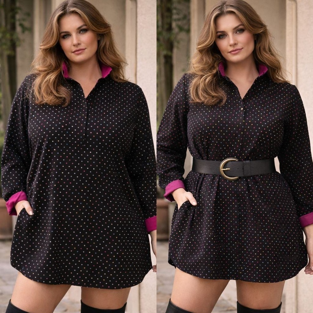 Vintage 70s Tomorrow's Dream Black Multi Color Polka Dot‎ Shirt Dress Tunic